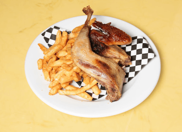 BBQ glazed chicken leg with fries